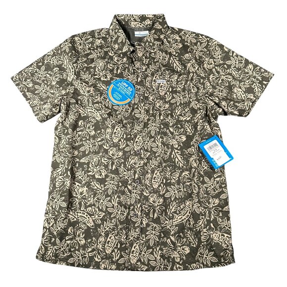 Columbia Mens Small Green Print Super Bluefin Winds Camp Shirt Omni-Shade NWT - Picture 1 of 13
